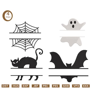 May include: A collection of four Halloween-themed designs. The designs include a spider web, a ghost, a black cat, and a bat. Each design has a horizontal space for text. The image also includes the text "4 Designs" and various embroidery file formats.