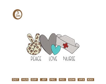 Peace Love Nursing Embroidery Design, Stethoscope Heart (Instant Download)