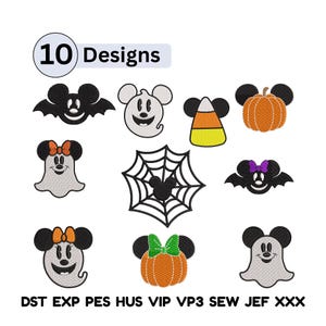 May include: A collection of ten Halloween-themed embroidery designs. The designs include a bat, ghost, candy corn, pumpkin, and spiderweb, all featuring a mouse-like character. The designs are in black, orange, white, and yellow.