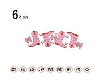Valentine Day boots with bows and hearts machine embroidery design file | Valentine Cowboy Boot Row Fill and Machine Embroidery Design