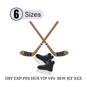 Könnte beinhalten: Illustration von zwei gekreuzten Hockeyschlägern mit schwarz-weißen Streifendetails und einem Paar schwarzer Eislaufschuhe mit blauen Schnürsenkeln. Der Text "6 Größen" und Dateityp-Abkürzungen sind enthalten.