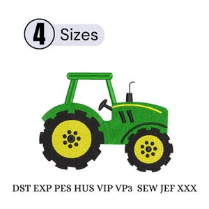 Peut inclure: Illustration d'un tracteur vert avec des roues jaunes et des bandes de roulement noires. L'image comprend le texte "4 Sizes" et des abréviations de formats de fichiers.