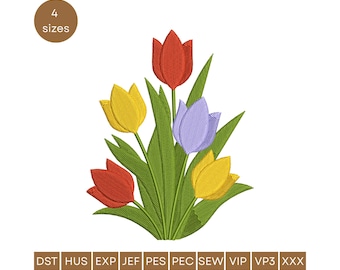 Tulip Bouquet Machine Embroidery Design, Spring Flowers (4 Sizes)