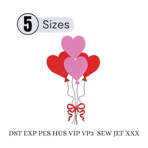 Puede incluir: Un diseño bordado de globos en forma de corazón en rojo y rosa, atados con un lazo rojo. El diseño incluye el texto "5 Sizes" y abreviaturas de tipo de archivo.
