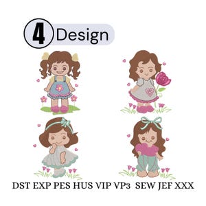 Puede incluir: Cuatro diseños de bordado con chicas de dibujos animados con vestidos, cada una con un peinado y atuendo únicos. Los diseños incluyen motivos florales y de corazón, con el texto "4 Design" y formatos de archivo de bordado.