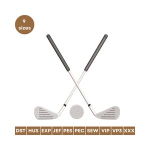 May include: Two crossed golf clubs with a golf ball in the center. The clubs have silver shafts and gray grips. The golf ball is white. The image also includes the text "9 sizes" and a row of embroidery file formats.
