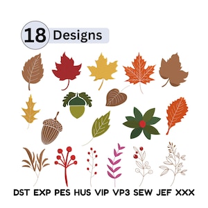 Può includere: Immagine con 18 disegni ricamati di foglie ed elementi botanici nei colori autunnali. I disegni includono foglie d'acero, ghiande e bacche. L'immagine include anche il testo "18 Designs" e le abbreviazioni dei tipi di file.