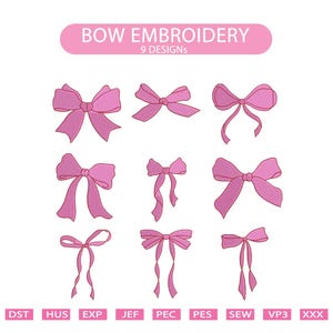 May include: Nine pink bow embroidery designs. The designs are simple and elegant, perfect for adding a touch of femininity to any project.