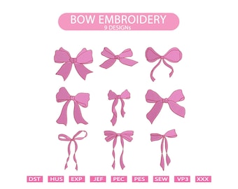 Bow Embroidery Designs, Ribbon Bow Tie (Set of 9) (Digital Download)