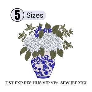 May include: An embroidered design of a floral arrangement in a blue and white vase. The arrangement features white and blue flowers with green leaves. The image includes the text "5 Sizes" and file type abbreviations.