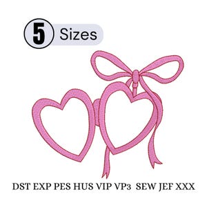 May include: Embroidered pink heart-shaped glasses with a bow on a white background. The image includes the text "5 Sizes" in a circle and the file types: DST EXP PES HUS VIP VP3 SEW JEF XXX.