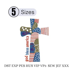 May include: Embroidered cross design with patriotic colors and patterns, including stars and stripes. The text "god bless america" is vertically aligned on the cross. The image also includes the text "5 Sizes".