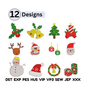 Puede incluir: Un conjunto de 12 diseños de bordado con temática navideña. Los diseños incluyen un árbol de Navidad, Papá Noel, un muñeco de nieve, adornos, campanas, una corona y cajas de regalo. Los diseños utilizan colores como el rojo, verde y dorado.