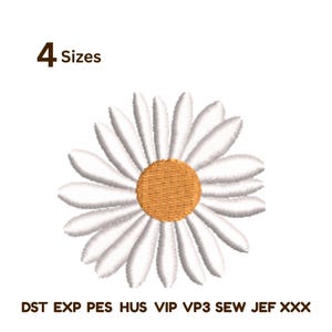 May include: A white daisy embroidery design with a yellow center. The image includes the text "4 Sizes" and a list of file formats: DST, EXP, PES, HUS, VIP, VP3, SEW, JEF, and XXX. The daisy is centered on a white background.