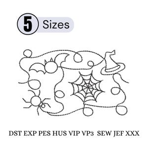 May include: A black machine embroidery design featuring a continuous line pattern with a bat, a spider, a spiderweb, and a witch hat. The text 5 Sizes appears at the top, and the file formats DST, EXP, PES, HUS, VIP, VP3, SEW, JEF, and XXX are listed below.