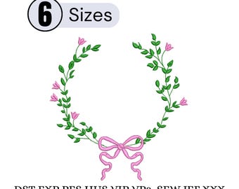 Pink Green Bow Wreath Monogram Frame Machine Embroidery File design ,Monogram Bow Laurel Wreath Crest Frame Machine Embroidery Design,6 size