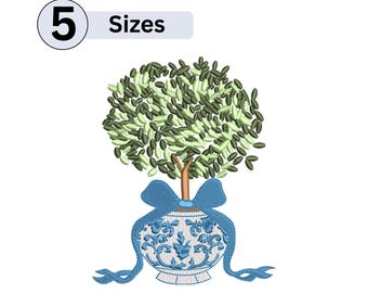 Blue Chinoiserie Topiary Embroidery Design Pot Topiary Coquette Bow Embroidery Designs Preppy Easter Embroidery Boxwood Topiary Embroidery