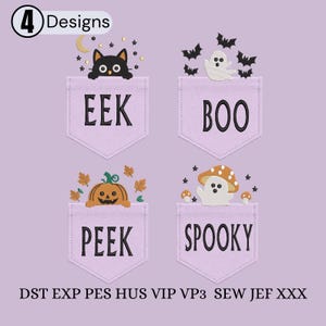Könnte beinhalten: Vier Maschinenstickmotive mit hellvioletten Taschen im Halloween-Design. Die Motive zeigen eine schwarze Katze mit Sternen, ein weißes Gespenst mit Fledermäusen, einen Kürbis mit Herbstblättern und ein Gespenst mit Pilzen. Text: 4 Designs, EEK, BOO, PEEK, SPOOKY sowie Dateiformate DST, EXP, PES, HUS, VIP, VP3, SEW, JEF, XXX.
