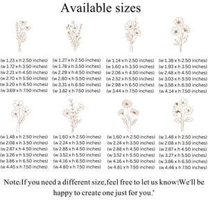 Puede incluir: Imagen que muestra varios dise&ntilde;os de bordado floral con opciones de tama&ntilde;o en pulgadas. El texto "Available sizes" est&aacute; en la parte superior, y una nota en la parte inferior fomenta tama&ntilde;os personalizados. Los dise&ntilde;os incluyen patrones florales detallados.