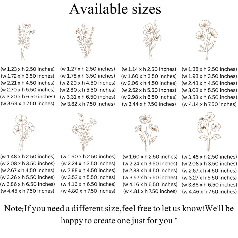 Puede incluir: Imagen que muestra varios dise&ntilde;os de bordado floral con opciones de tama&ntilde;o en pulgadas. El texto "Available sizes" est&aacute; en la parte superior, y una nota en la parte inferior fomenta tama&ntilde;os personalizados. Los dise&ntilde;os incluyen patrones florales detallados.