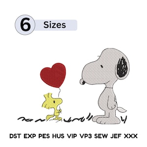 Puede incluir: Diseño bordado con Snoopy y Woodstock. Woodstock sostiene un globo rojo en forma de corazón. La imagen incluye el texto "6 Tamaños" y formatos de archivo de bordado: DST, EXP, PES, HUS, VIP, VP3, SEW, JEF, XXX.