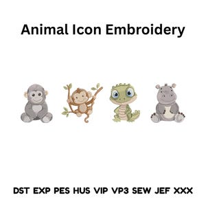 Może przedstawiać: Obraz wyświetla tekst "Animal Icon Embroidery" nad czterema wzorami zwierząt z kreskówek: szarą małpą, brązową małpą wiszącą na gałęzi, zielonym aligatorem i szarym hipopotamem. Poniżej znajdują się formaty plików haftu.