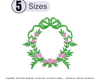 Floral Leaf Bow Banner Embroidery Design,Banner Frame Bow Embroidery Stitch,Grandmillennial Coquette Wedding Banner,Greenery Crest Embroider