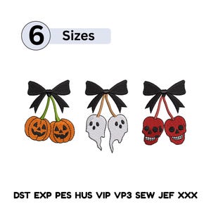 May include: Halloween-themed embroidery designs featuring pairs of pumpkins, ghosts, and skulls, each connected by a stem and topped with a black bow. The image includes the text "6 Sizes" and embroidery file type abbreviations.