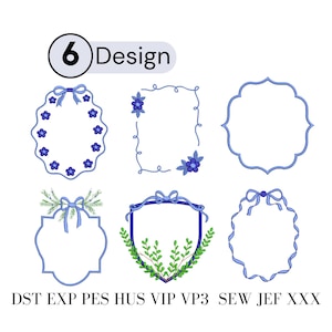 Può includere: Sei cornici di design blu e bianche con accenti floreali e a nastro. Le cornici sono di varie forme, tra cui ovali, rettangolari e smerlate. Il testo "6 Design" è in alto e "DST EXP PES HUS VIP VP3 SEW JEF XXX" in basso.