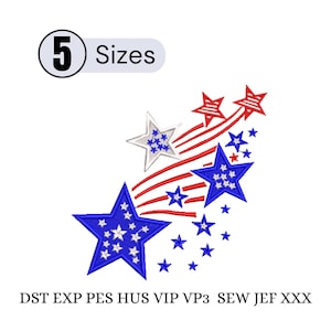 May include: An embroidered design featuring a cascade of stars in red, white, and blue. The design includes a large blue star with white stars, a white star with blue stars, and red shooting stars. The text "5 Sizes" is also included.