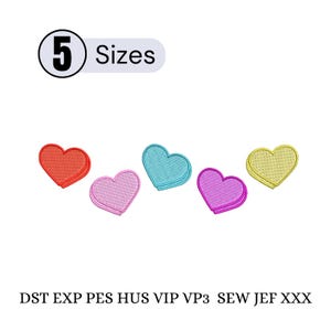 May include: Five embroidered heart designs in red, pink, teal, purple, and yellow. The image includes the text "5 Sizes" and file type abbreviations: DST, EXP, PES, HUS, VIP, VP3, SEW, JEF, XXX.