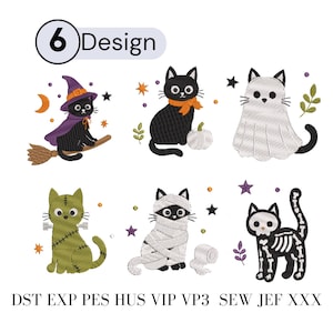 May include: Six machine embroidery designs featuring cats in Halloween costumes: a witch on a broom, a cat with a pumpkin, a ghost cat, a Frankenstein cat, a mummy cat, and a skeleton cat. Text includes 6 Design and file formats DST EXP PES HUS VIP VP3 SEW JEF XXX.