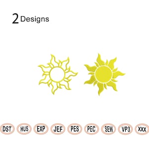 May include: Two yellow sun designs are displayed on a white background. One sun is an outline, and the other is filled. The text "2 Designs" is above the suns. Below are embroidery file format labels.