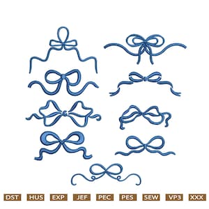 Op de afbeelding: Een set van negen blauwe borduurmotieven met verschillende stijlen linten. De ontwerpen zijn perfect om een ​​toets van elegantie toe te voegen aan elk project.