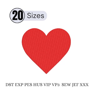 Könnte beinhalten: Ein rotes Herz mit strukturierter Oberfläche. Das Bild enthält den Text "20 Größen" und eine Liste von Dateiformaten: DST EXP PES HUS VIP VP3 SEW JEF XXX.