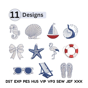 Tiny Coastal Embroidery Design Elements Chinoiserie Blue Seashell Bow Seafood Embroidery Design, Summer Embroidery Miniature nautical emb