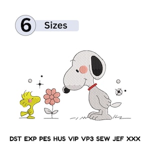 May include: An embroidery design featuring Snoopy and Woodstock with a flower. Snoopy is gray with a black ear and a red collar. Woodstock is yellow. The design includes the text "6 Sizes".