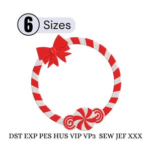 Candy Cane Wreath Embroidery Design Set,Round & Rectangular Christmas Frame, Peppermint Bow Machine Embroidery, Digital Download, 6 sizes ,
