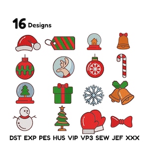 May include: A collection of 16 Christmas-themed designs, including a Santa hat, gift tag, snow globe, bell, ornament, reindeer, snowflake, candy cane, snowman, Christmas tree, mittens, and bow. The designs are in red, green, and white.