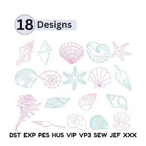Marine Blue Sea shell Embroidery Design Bundle Sea Conch Shell Horse Jelly Fish Crab Octopus Pattern Unusual Sea Shel Embroidery Collection