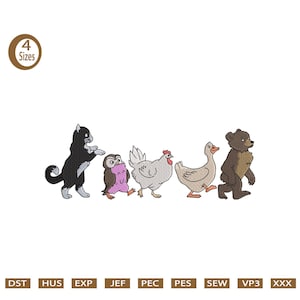 May include: Embroidered design of a black cat, owl, chicken, duck, and bear walking in a row. The animals are in a cartoon style with various colours. The design includes the text "4 Sizes" in a circle.