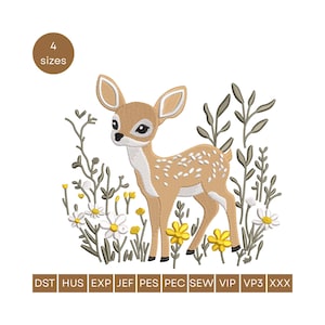 Floral Deer Embroidery Design, Floral Embroidery Design, Animal Embroidery Machine File Deer with flowers embroidery Deer Fawn Embroidery