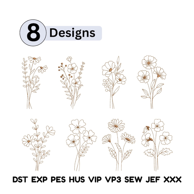 Puede incluir: Ocho dise&ntilde;os de bordado floral en varios estilos, incluyendo margaritas y otras flores silvestres, en tonos marrones y beige. El texto "8 Designs" est&aacute; en un cuadro blanco. Las abreviaturas de los tipos de archivo est&aacute;n debajo.