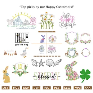 Puede incluir: Una colecci&oacute;n de dise&ntilde;os de bordado con temas de Pascua, arreglos florales e ilustraciones caprichosas. Los dise&ntilde;os incluyen un conejito, patos, conchas marinas y los textos "Happy Easter" y "Simply Blessed".