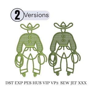 May include: Two green cowboy-themed embroidery designs. Each design features a cowboy figure with a hat, rope, and pants. The text "2 Versions" is in a black circle. Below the designs are the file formats: DST EXP PES HUS VIP VP3 SEW JEF XXX.