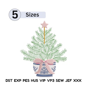 May include: An embroidered Christmas tree design. The tree is green with a pink star on top and a pink bow. The tree is in a blue and white pot. The image includes the text "5 Sizes".