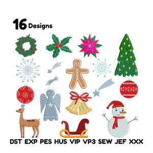 Könnte beinhalten: Eine Sammlung von 16 Stickmustern zum Thema Weihnachten. Die Designs umfassen einen Kranz, Stechpalme, Weihnachtsstern, Schneeflocken, Sternschnuppen, einen Lebkuchenmann, einen Weihnachtsbaum, Ornamente, einen Engel, Glocken, einen Schlitten, ein Rentier und einen Schneemann.