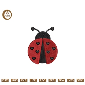 Puede incluir: Mariquita roja con manchas negras y detalles negros en forma de corazón. La mariquita está delineada en negro.