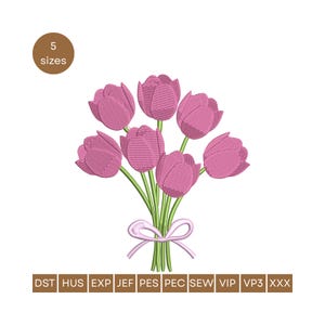 Tulip Bouquet Machine Embroidery Design Pink and Green Tulip Embroidery Flower Bouquet Embroidery Spring Embroidery Tulip Flower Embroidery