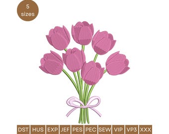 Diseño de bordado a máquina de ramo de tulipanes rosas (descarga digital)